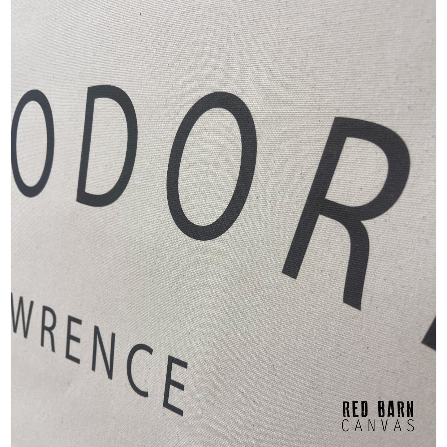 “Custom name canvas wall art with modern typography and grommet corners for easy hanging.”